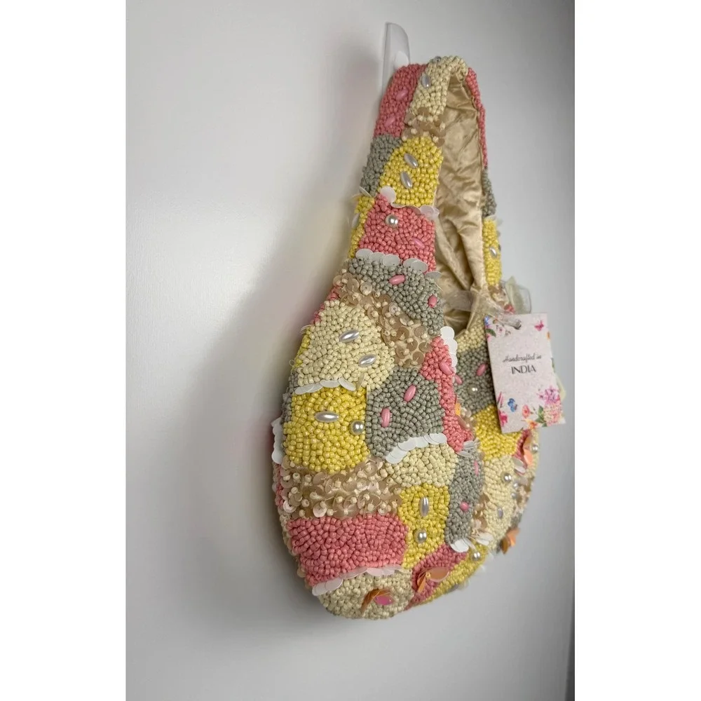 NWT Handcrafted India Beaded Hobo Bag Pastel Sequin Pearl Embellished New